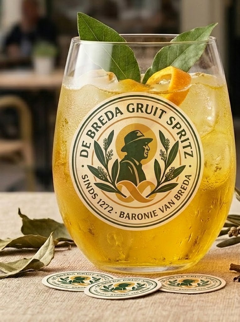 Breda Gruit Spritz in een glas met Breda-embleem, ijs, gagelblad en oranjeschil