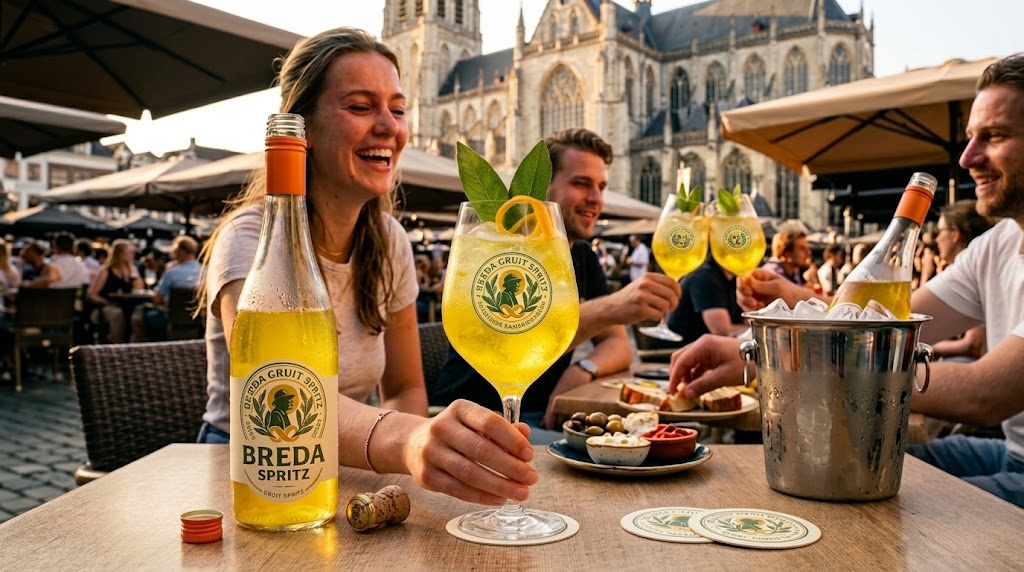 Vrienden genieten van Breda Gruit Spritz op een zonnig terras bij de Grote Kerk in Breda