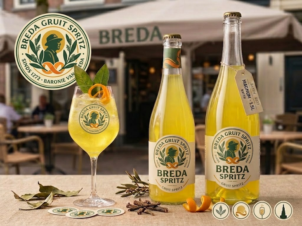 Breda Gruit Spritz flessen en glas op een Bredase terrastafel